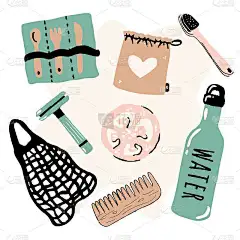 零浪费生活方式矢量手绘元素集。没有塑料。环保袋，木制餐具，梳子，牙刷，丝瓜络和剃须刀。自然保护横幅、