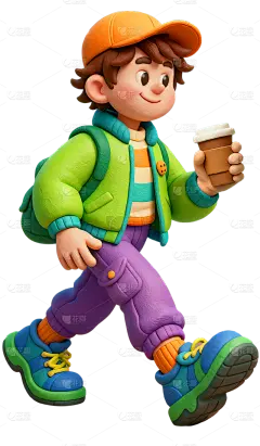 人物系列3D粘土风都市男孩手持杯子走路元素