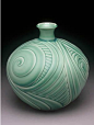 lynne mead carved vessel green spiral pottery ceramics clay: 