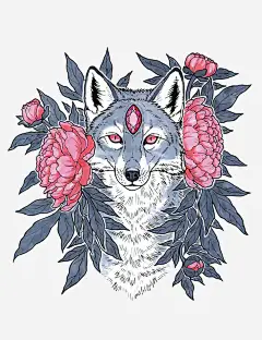 狼和花免抠素材_新图网 https://ixintu.com 手绘 插画 树叶 水彩 狼 矢量狼 矢量花朵 粉色 花朵