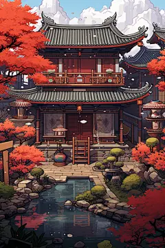 像素风四合院建筑插画