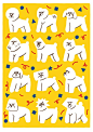 a yellow background with white dogs and stars on the bottom right hand corner is an illustration of two poodles facing each other in different directions