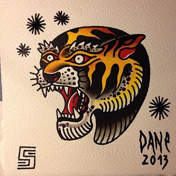 彩色oldschool动物老虎豹纹身手稿