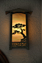 Cobblestone Lantern (2-633) features our exclusive Monterey Cypress artwork, New Verde finish and Gold Iridescent glass. #craftsman #craftsmanstyle #missionstyle