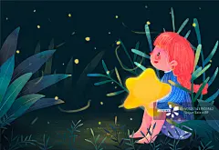 森林里坐着抱着星星的小女孩图片素材