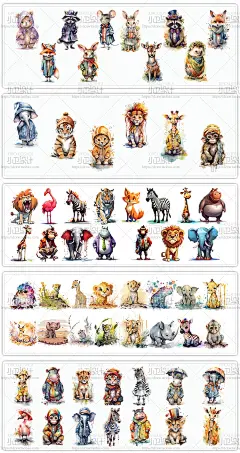 AI矢量手绘水彩动物插画插图兔大象河马斑马老虎熊猫平面设计素材-淘宝网