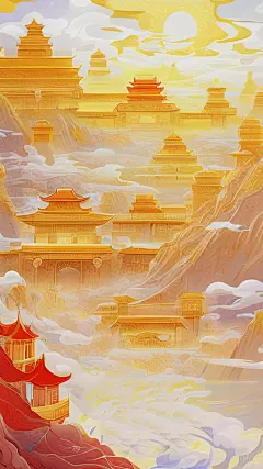 千库网_中国风天上宫阙国潮金色宫殿建筑_插画编号194089