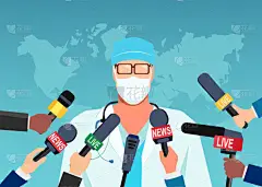 戴口罩的医生的病媒，向一群记者介绍流行病的最新情况 