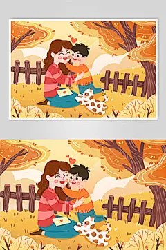 淡雅母子拥抱感恩节大气人物插画