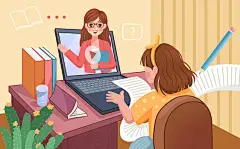 扁平风卡通线上教育女孩上网课插画