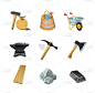 游戏中设置的建筑资产有斧头、水桶、花园手推车、铁砧、锤子、石头、木板、钢锭、钉子、袋子。孤立。向量