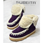 日本彩色翻毛绒短筒雪地靴手工粗线防滑底保暖棉鞋紫色-淘宝网