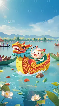 喜庆端午节赛龙舟AI插画高清海报图片素材高清模板免费下载-趣麦麦图