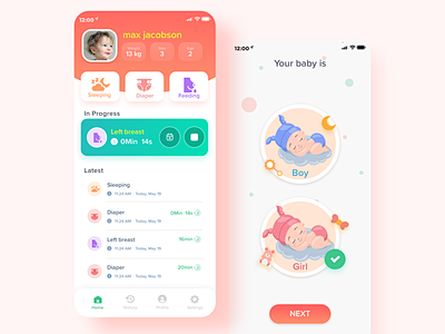 婴儿护理应用程序婴儿设计 ui 移动应用...