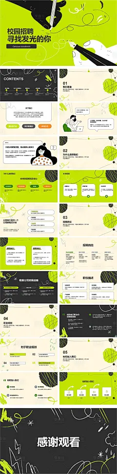 荧光绿校园招聘简约插画PPT-源文件