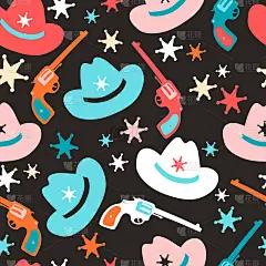 无缝图案的左轮手枪，牛仔帽和治安官星。狂野西部的孩子心情。