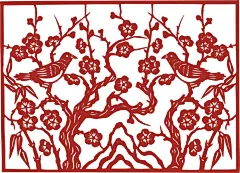 红色剪纸风格鸟儿与梅花图案插画剪纸元素