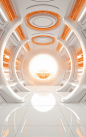 Futuristic background with orange sphere on white, in the style of illuminated interiors, medicalcore, aerial view, rim light, solarization, superflat, passage