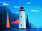 Cape Mudge Lighthouse. fireart-studio cape mudge lighthouse canada tree landscape blue nature design lighthouse illustration