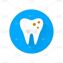 牙齿图标与长阴影龋齿。牙科诊所签到。口腔正畸学的概念。