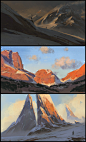 sketches, florent lebrun : playing with colors , too much rocks though^^ (the one in the middle is a study of Bill Anton)