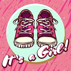 女孩宝宝淋浴祝贺向量明信片。粉红色的婴儿公告。一个女孩拿着童鞋在圈里。纹理卡片，海报，生日派对邀请模