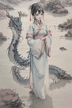 AI数字艺术古风女孩和龙水墨插画-众图网