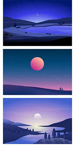 扁平户外风景夜色湖水海面沙漠自然风光山峰插画装饰画AI矢量素材-淘宝网