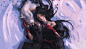Anime 1600x910 anime anime girls original characters black hair long hair looking at viewer dress black dress black clothing lying on back gloves dog snow top view rose petals artwork drawing digital art illustration Taejune Kim