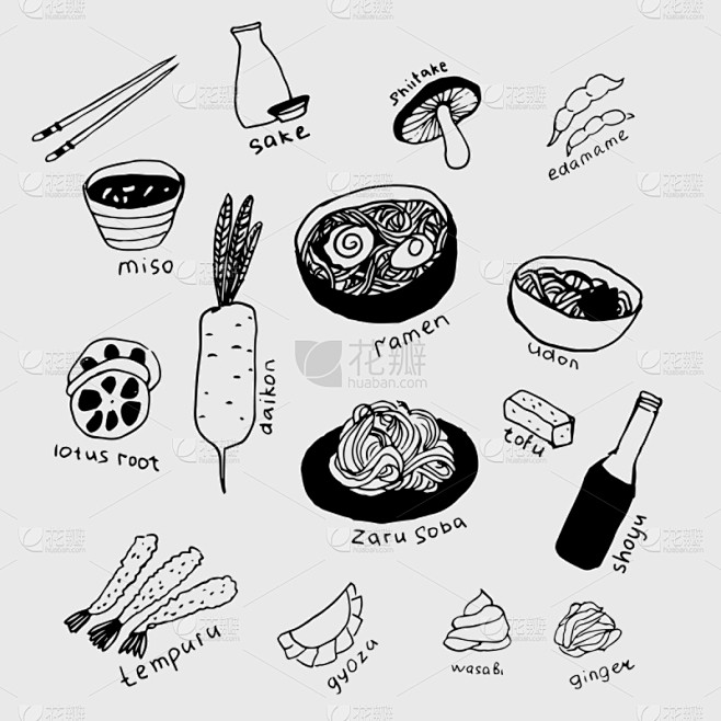 线条画,日本食品,草图,饮料,传统,寿司...