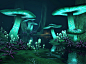幻想与绿色发光蘑菇的黑暗森林