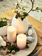 Open ceramic easter eggs with a combination of green, cherry twigs and feathers combine to ...- Offene Keramik-Ostereier sehen mit etwas Grün, Kirschzweigen und Federn kombini…  Open ceramic Easter eggs look a bit green, …  -#bouquetofflowersFloralArrange