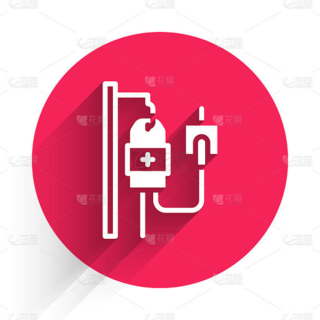 白色IV袋图标孤立与长阴影。血包。献血的概念。治疗和化疗的概念。红色圆圈按钮。向量