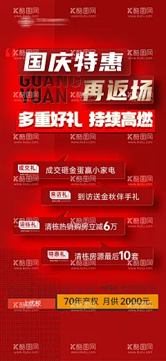 地产热销海报  - 源文件下载【酷图网】海报,房地产,公历节日,十一,国庆节,热销,特惠,四重礼,