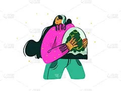 雪,矢量,绘画插图,圣诞节,现代,卡通,毛衣,插画,女孩,抽象