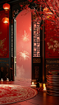 Chinese new year fireworks in the red background, in the style of trompe l'oeil compositions, daz3d, narrative paneling, mirror rooms, nature-inspired art nouveau, interior scenes, minimalist backgrounds