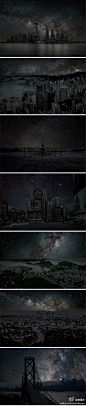 微摄友【“停电”后的夜景 】夜幕已经降临，是否已经很久没有见过星空的样子？灯火通明的灯光造成的城市光污染，让我们失去了很多，摄影师Thierry Cohen用后期合成的方式，创作了这些奇妙的影像[拍手]