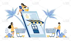 人们使用电子商务移动应用程序购买日用品。矢量设计插图可用于海报，横幅，广告，网站，网页，营销，传单