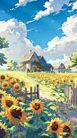 植物动漫风插画向日葵蓝天白云场景背景图片素材