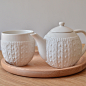 出口kinto尾单 日式浮雕毛线波点陶瓷茶壶套装 茶壶茶杯 双层杯