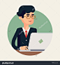 Vector modern flat design circle icon on businessman character in glasses working on laptop | Male person in black suit smiling while using his personal computer  