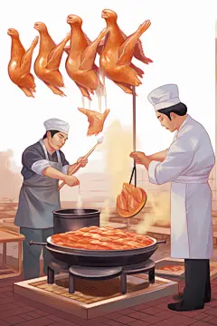 鸭子烘烤北京烤鸭美食制作元素插画