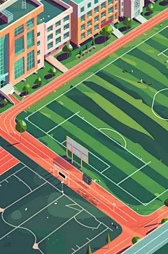 AI数字艺术扁平风校园球场操场插画-众图网