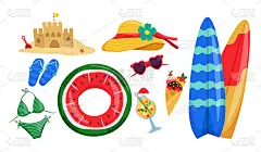 夏季元素的集合。沙堡，夏日拖鞋，眼镜，鸡尾酒，救生圈，泳衣，冰淇淋，帽子，冲浪板