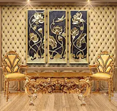 欧式手绘东南亚油画玄关装饰画客厅无框画竖版有框挂画金箔芭蕉叶-tmall.com天猫