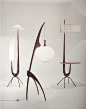 Floor lights from the 1950's designed and produced by Jean Rispal, France. In the center is the Mante Religieuse (Praying Mantis), inspired by the works of Hans Arp.: 