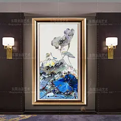 荷花手绘竖版现代简约抽象油画玄关装饰画新中式走廊挂画壁画包邮-淘宝网