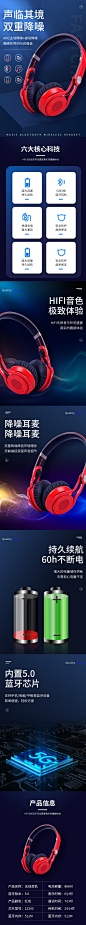 蓝色科技风格头戴式蓝牙耳机详情页