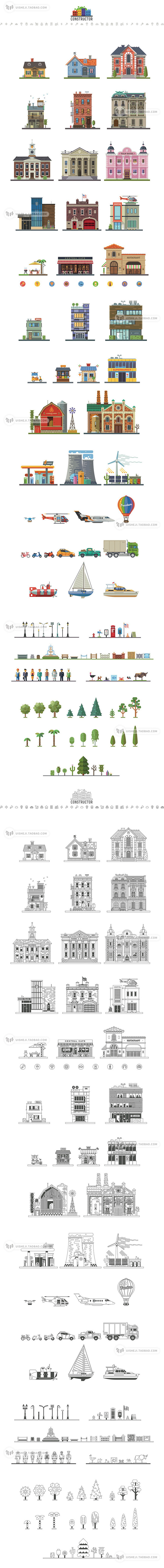 城市建筑手绘线稿剪影楼房子绿化图标图形E...