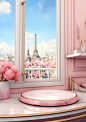 a pink mirror sitting next to a vanity with a window and a white tile, in the style of romanticized cityscapes, playful animation, konica big mini, captivating, fairytale-inspired, 8k resolution, paris school